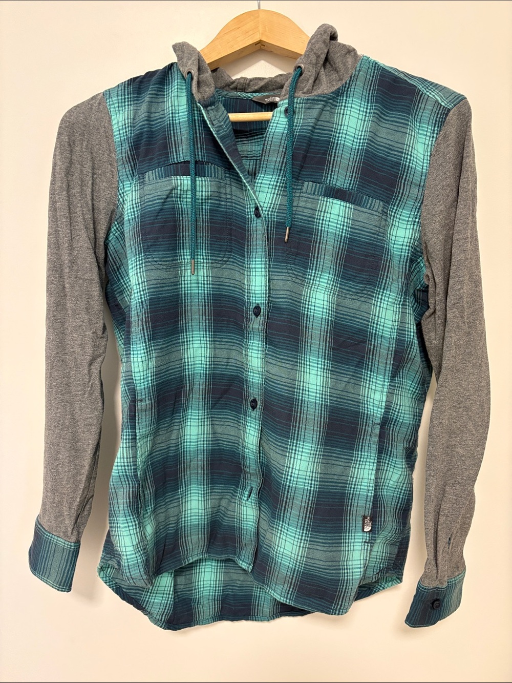The North Face Teal and Gray Plaid Hooded Button-Down Shirt